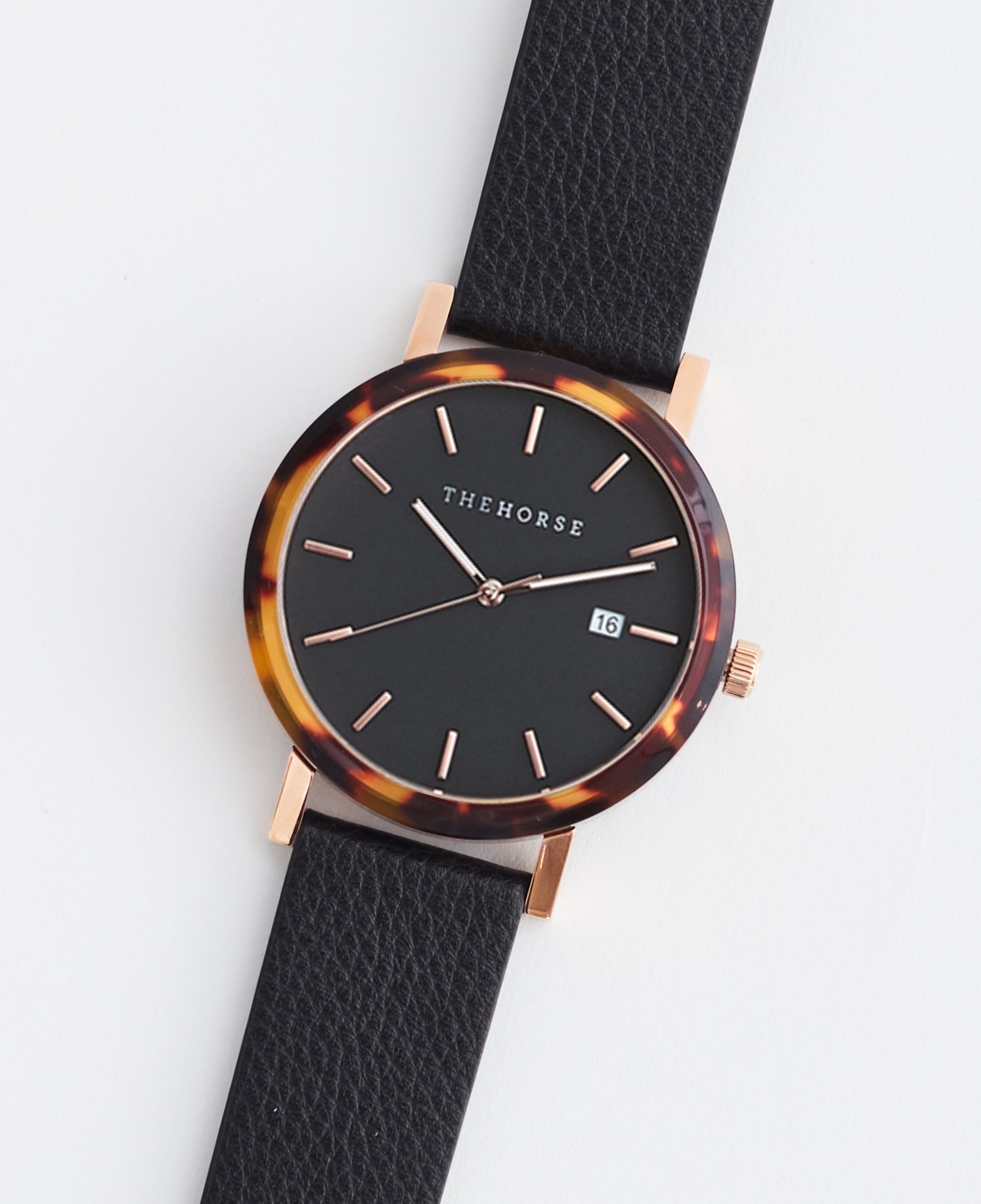 The Resin: Brown Tortoise / Black Rose Gold Dial / Black Leather