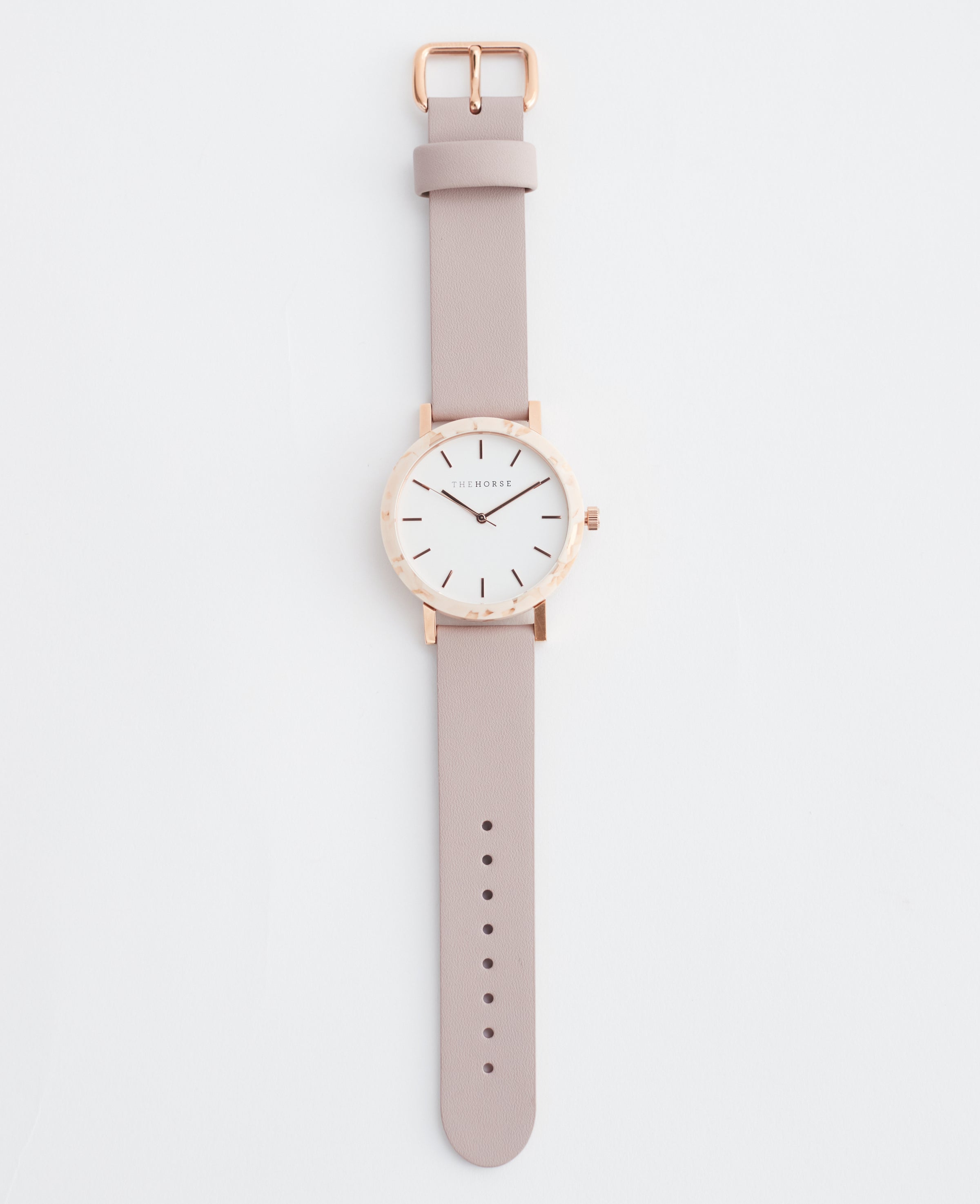 The Resin: Peach Speckle Case / White Dial / Rose Gold Indexing / Blush Leather