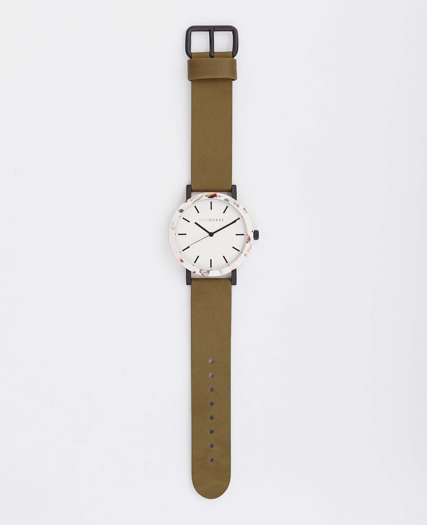 The Resin Women's Watch in Nougat Shell / White Dial / Olive Leather Strap by The Horse