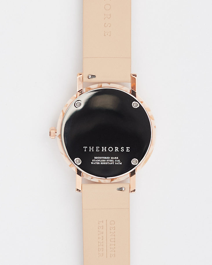 The Resin Women's Watch in Peach Speckle Case / White Dial / Rose Gold Indexing / Vegetable Tan Leather Strap by The Horse