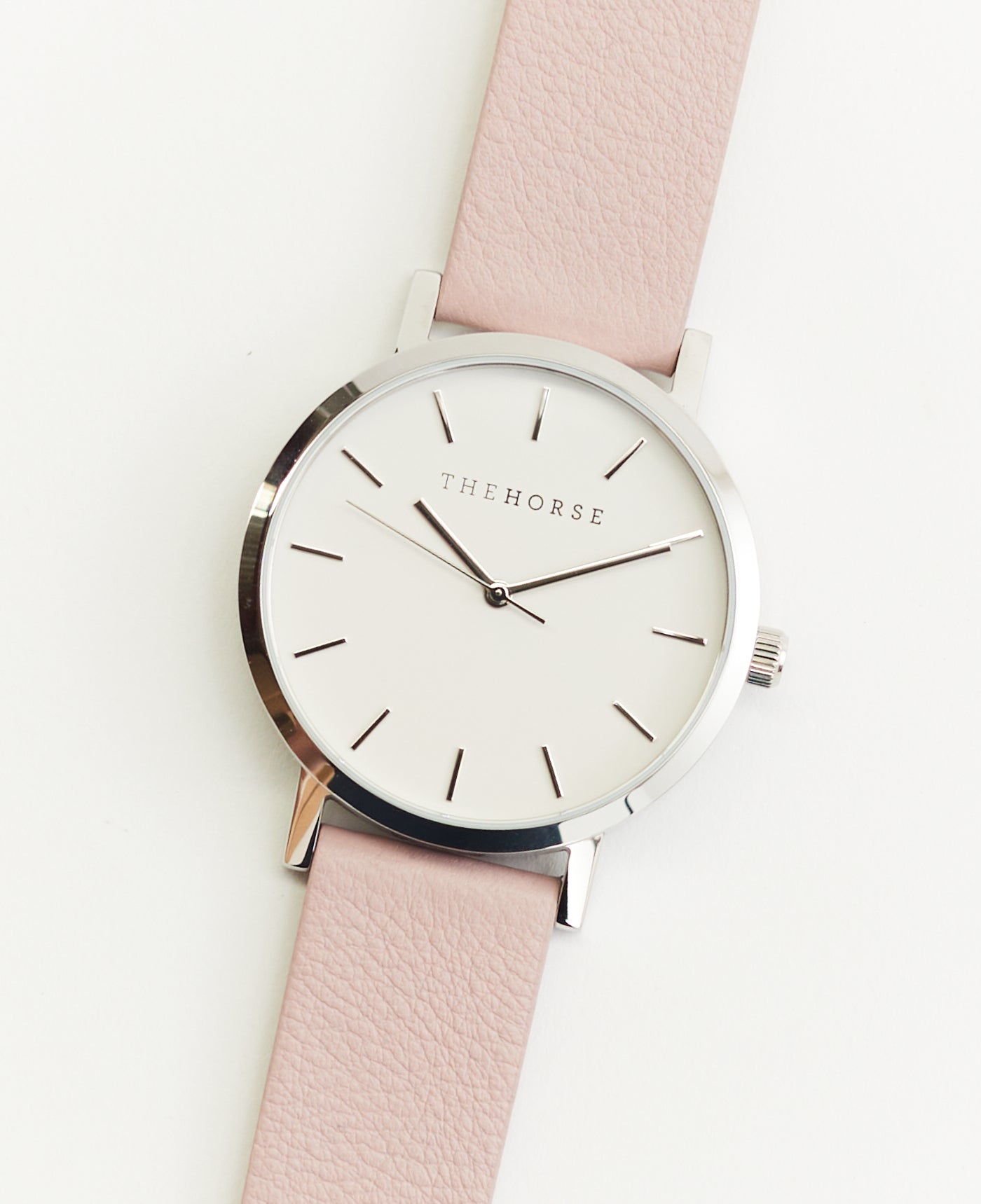 The Mini Original: Polished Silver Case / White Dial / Dirty Pink Leather