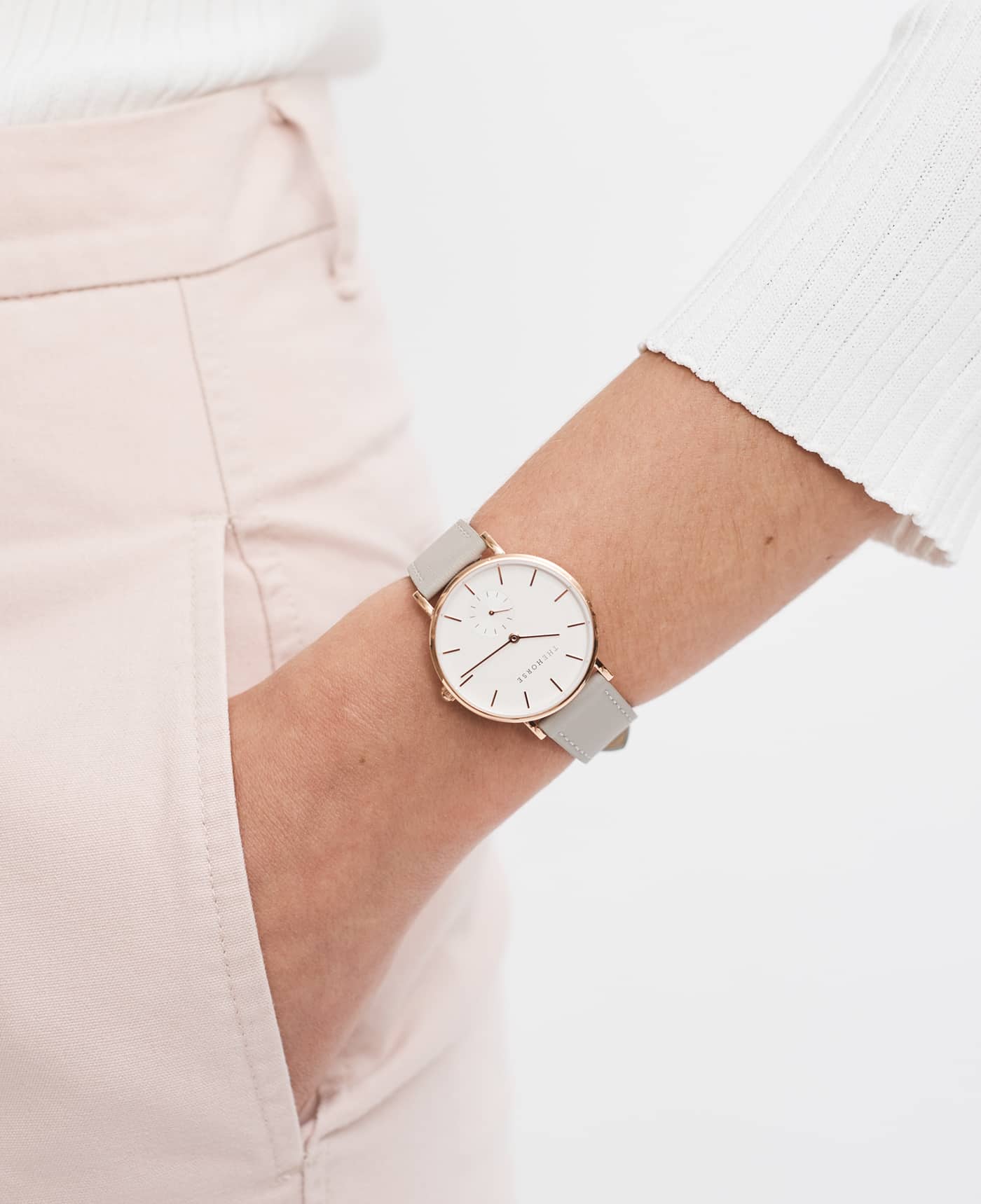 The Classic: Rose Gold Case / White Dial / Light Grey Leather