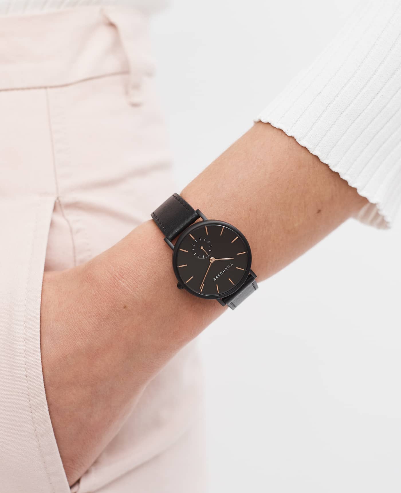 The Classic: Matte Black Case / Black Dial Rose Gold Indexing / Black Leather