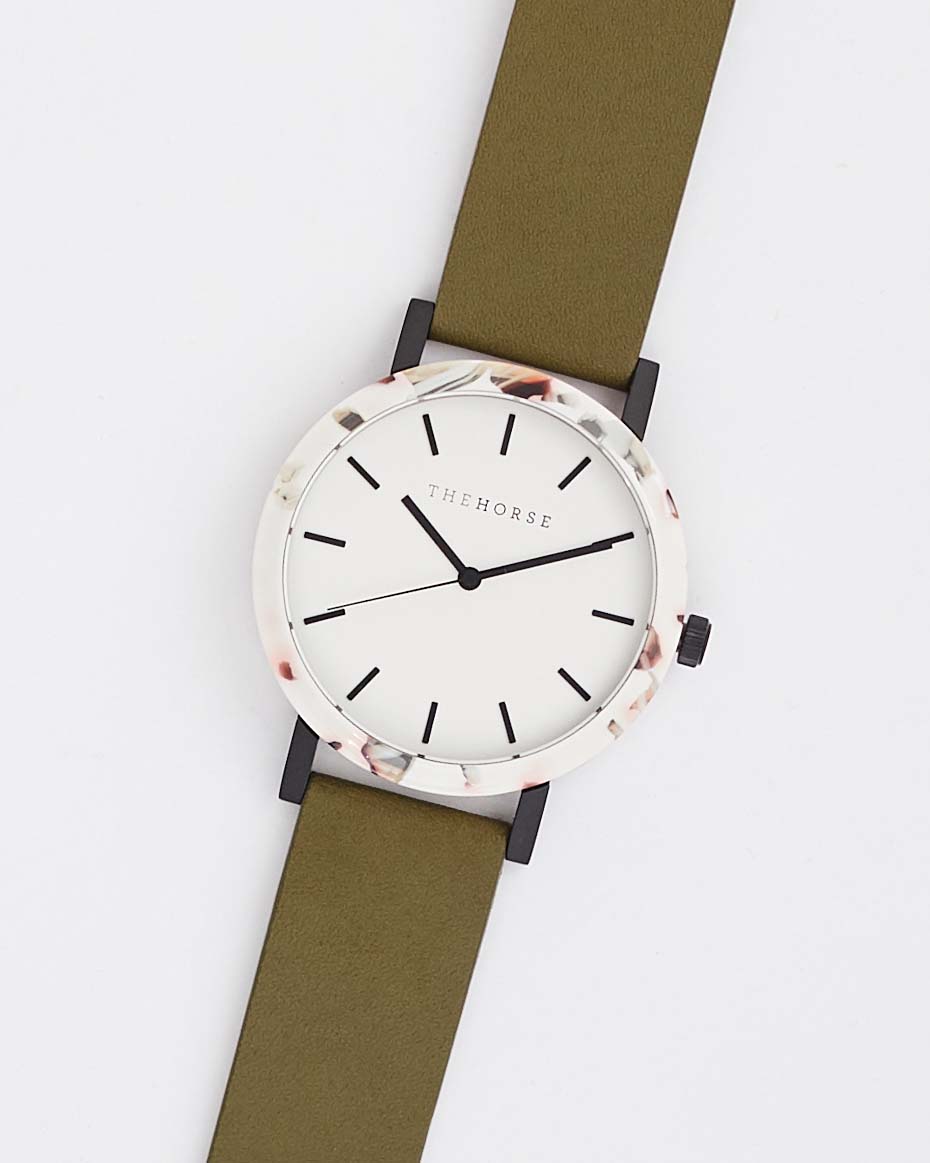 The Resin: Nougat Shell / White Dial / Olive Leather