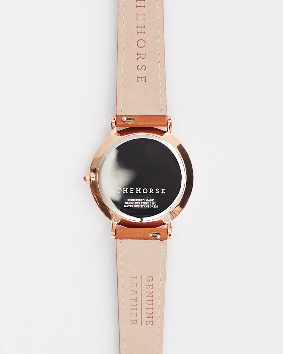 The Classic: Rose Gold Case / White Dial / Charcoal Indexing / Walnut Leather