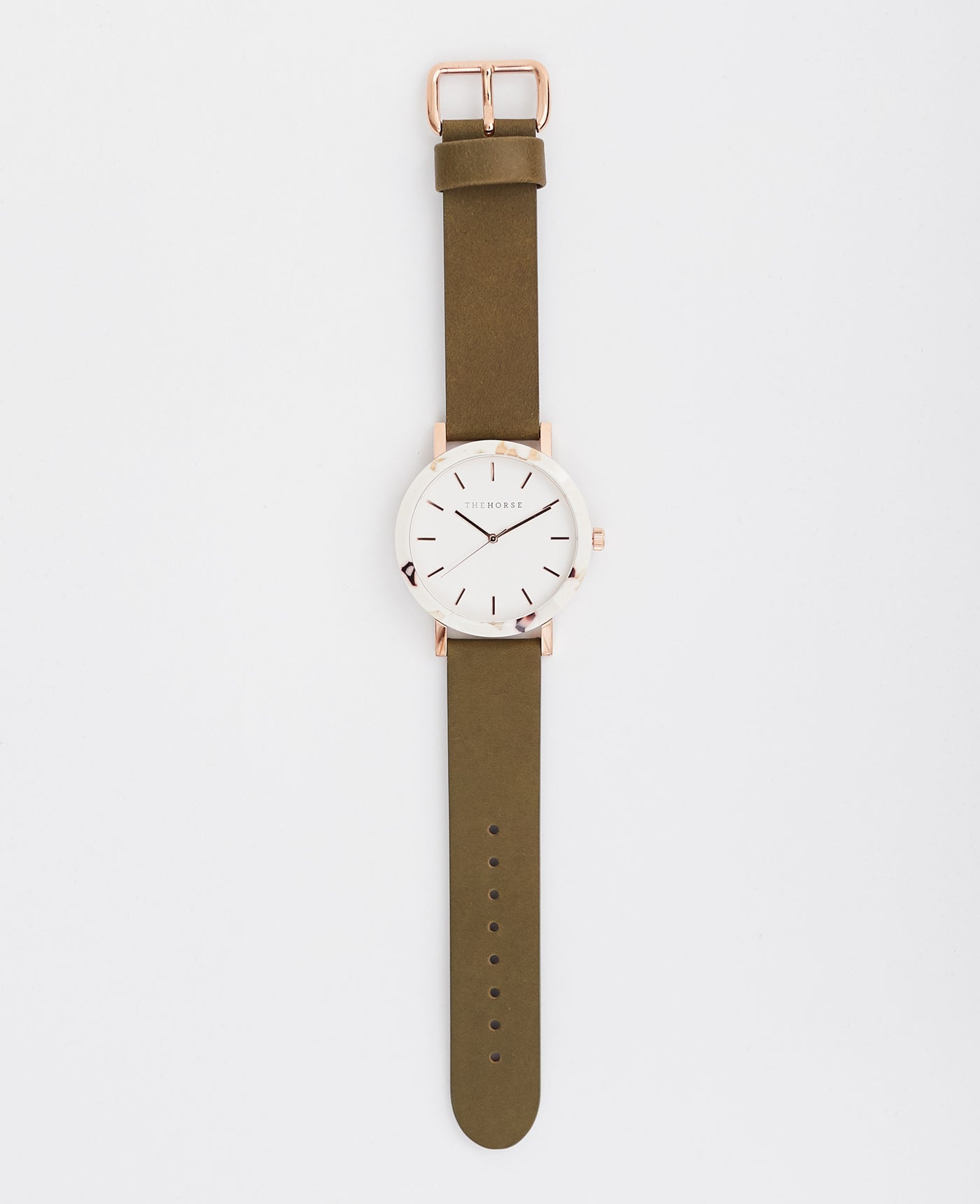 The Resin Women's Watch in Nougat Case / White Dial / Rose Gold Indexing / Olive Leather Strap by The Horse