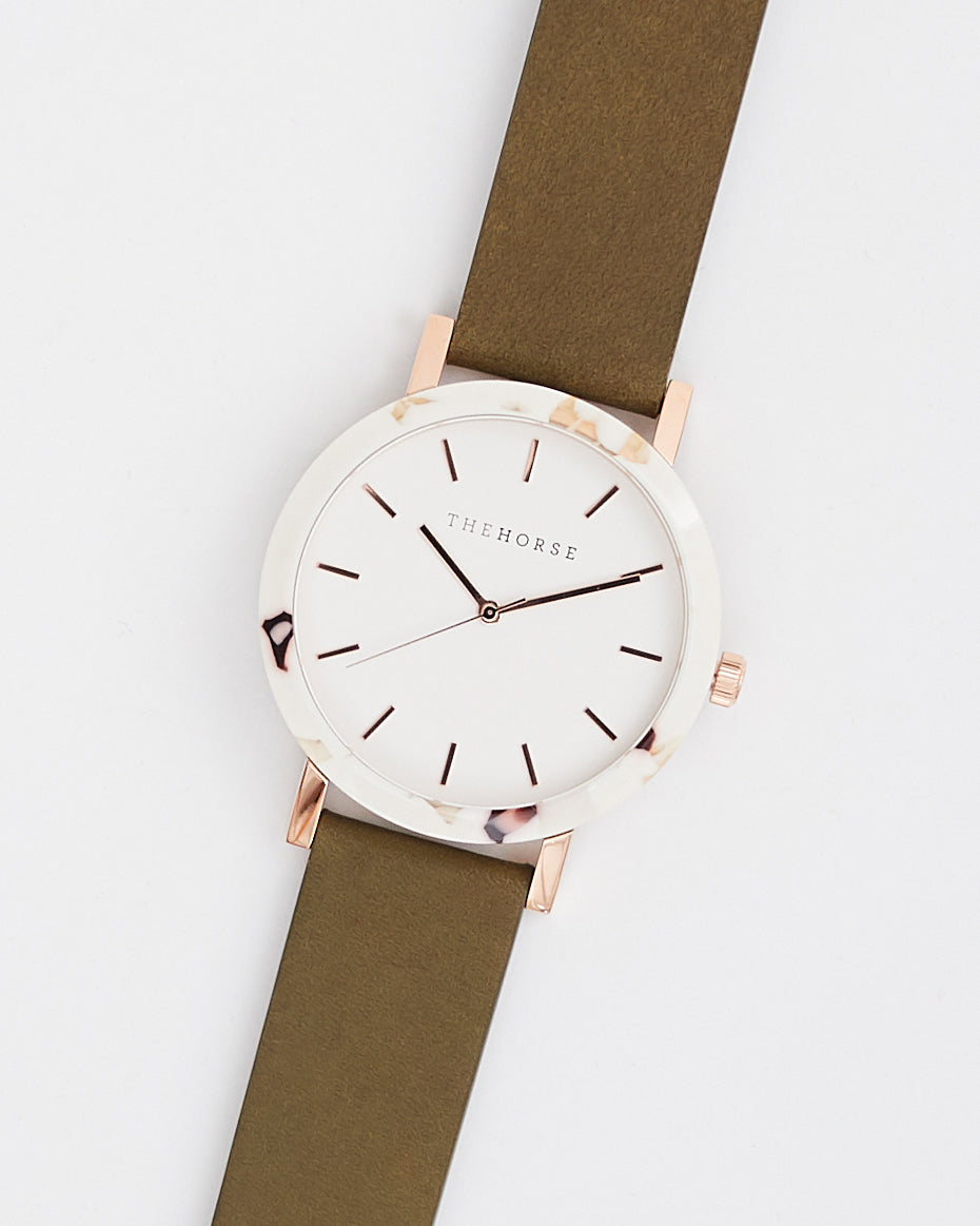 The Resin: Nougat Case / White Dial / Rose Gold Indexing / Olive Leather