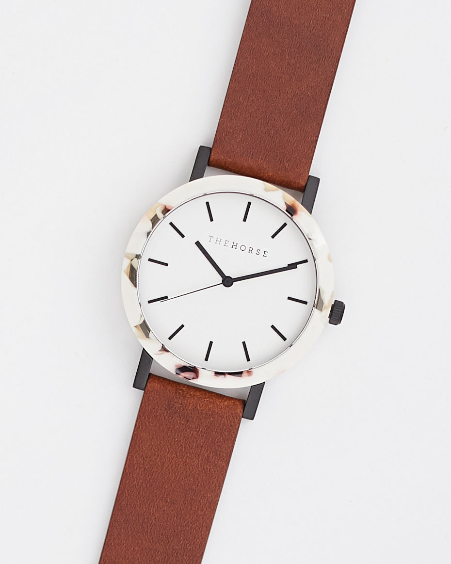 The Resin: Nougat Shell / White Dial / Tan Leather