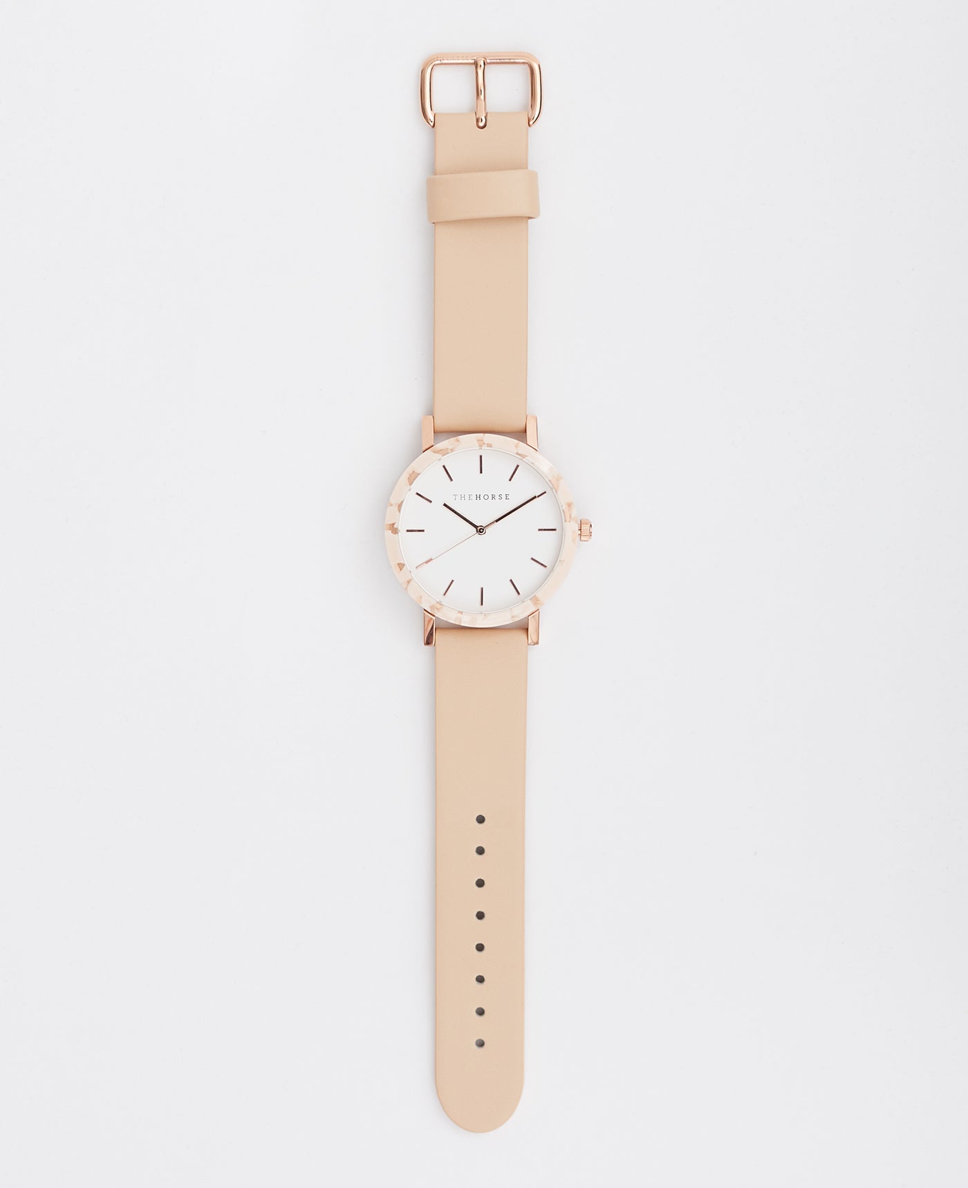 The Resin Women's Watch in Peach Speckle Case / White Dial / Rose Gold Indexing / Vegetable Tan Leather Strap by The Horse