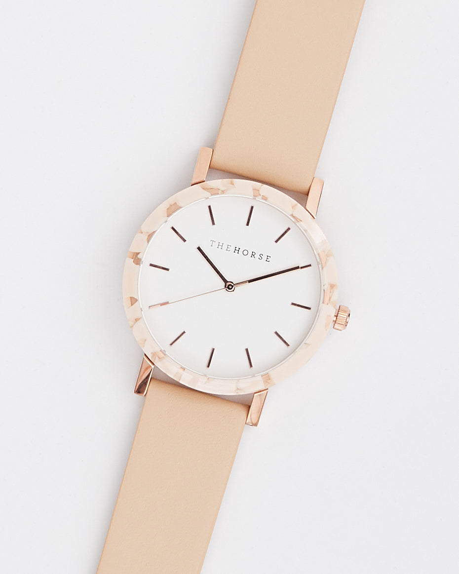 The Resin: Peach Speckle Case / White Dial / Rose Gold Indexing / Vegetable Tan Leather