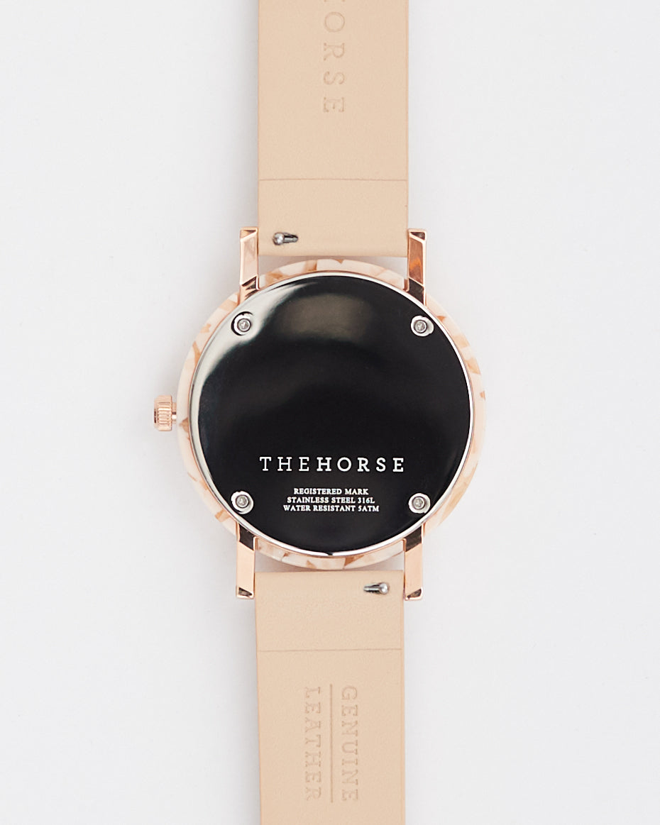 The Resin: Peach Speckle Case / White Dial / Rose Gold Indexing / Vegetable Tan Leather
